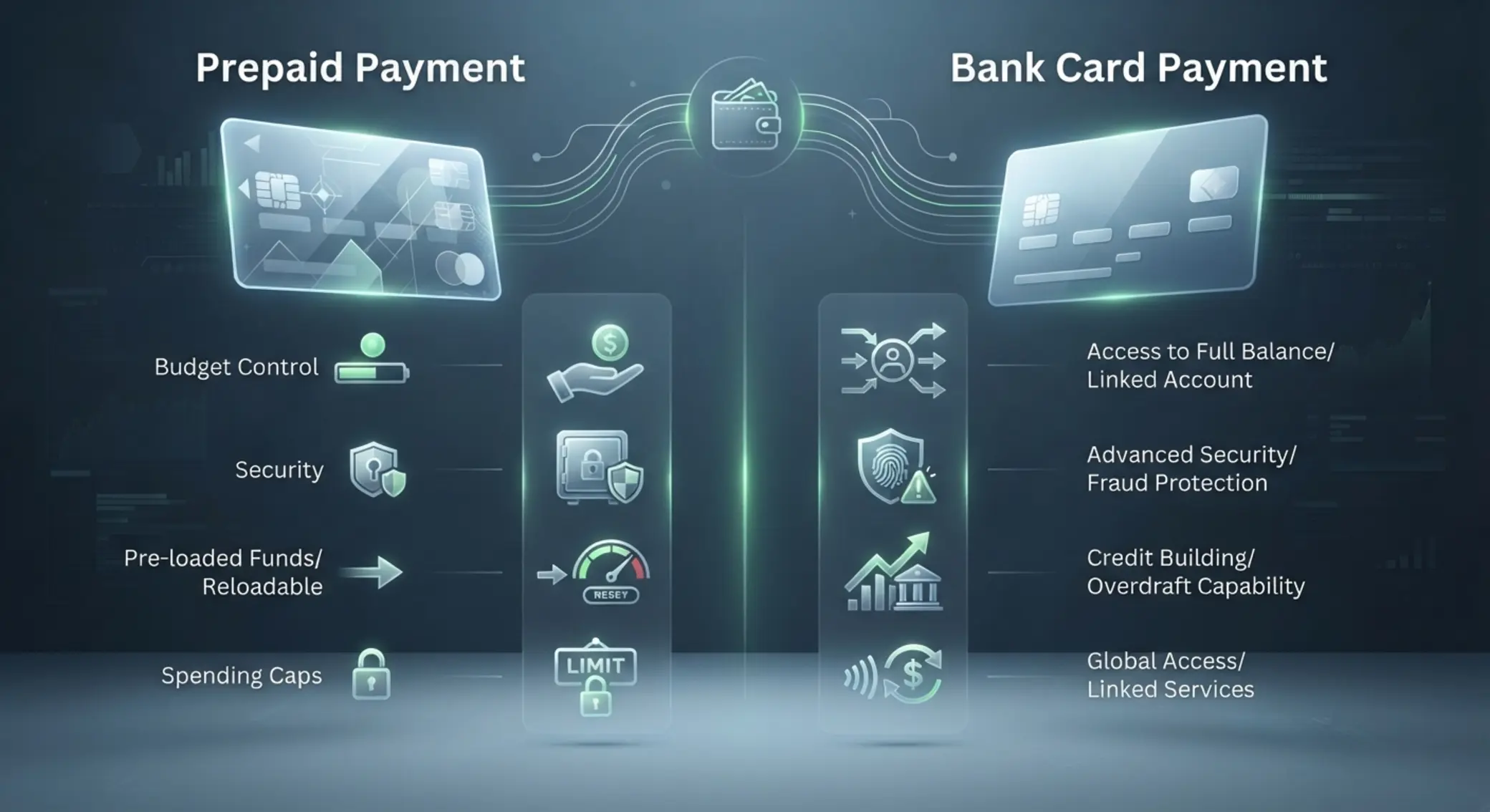 Comparaison visuelle entre paiement prépayé et carte bancaire axée sur sécurité et contrôle du budget
