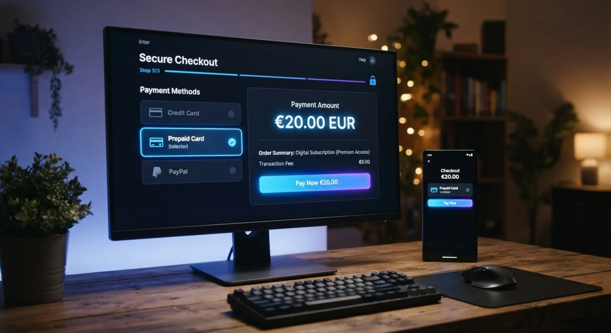 Interface de caisse avec méthode prépayée sélectionnée et montant de 20 euros mis en avant