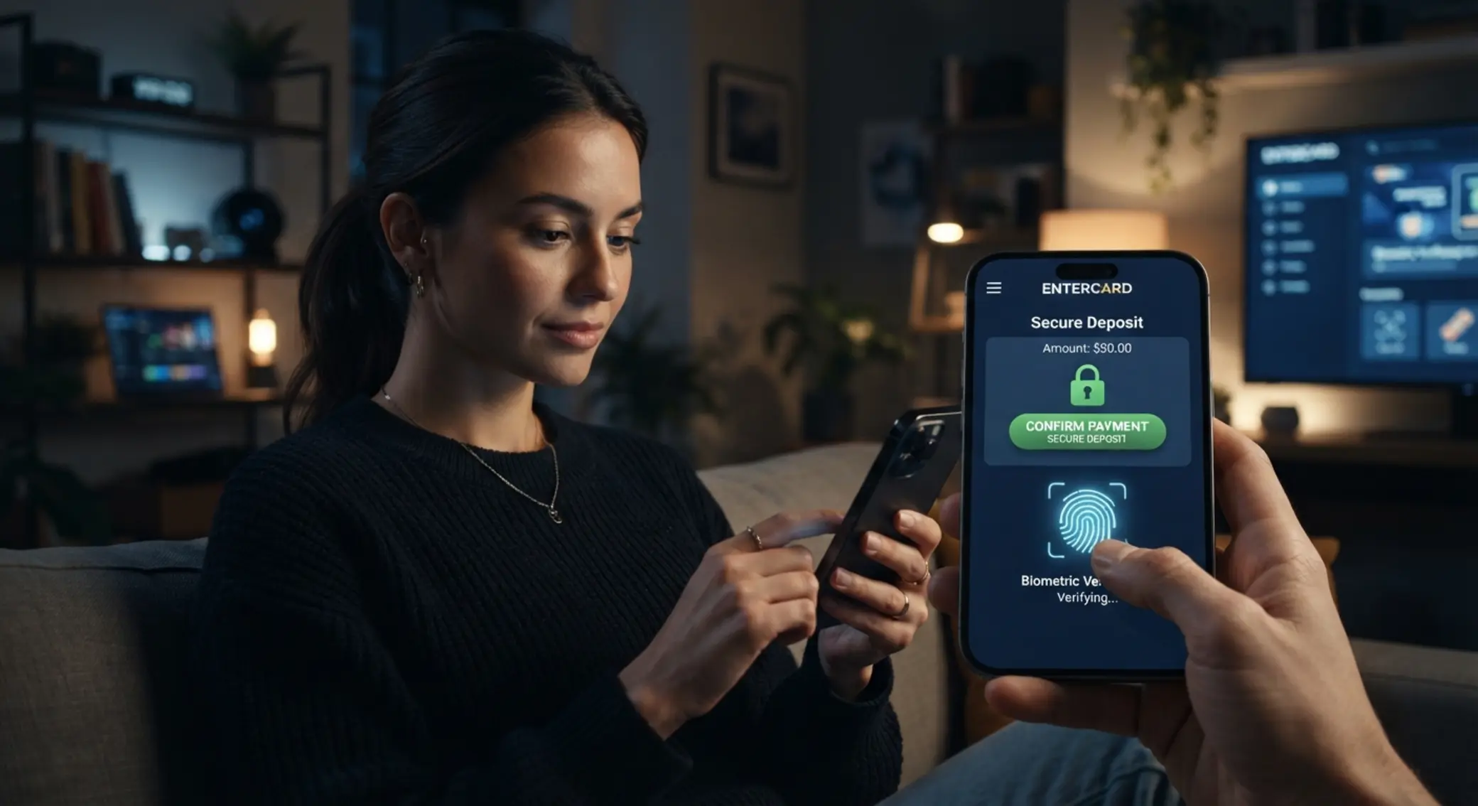 DépÎt mobile sécurisé avec validation biométrique Utilisateur mobile validant un paiement sécurisé avec biométrie