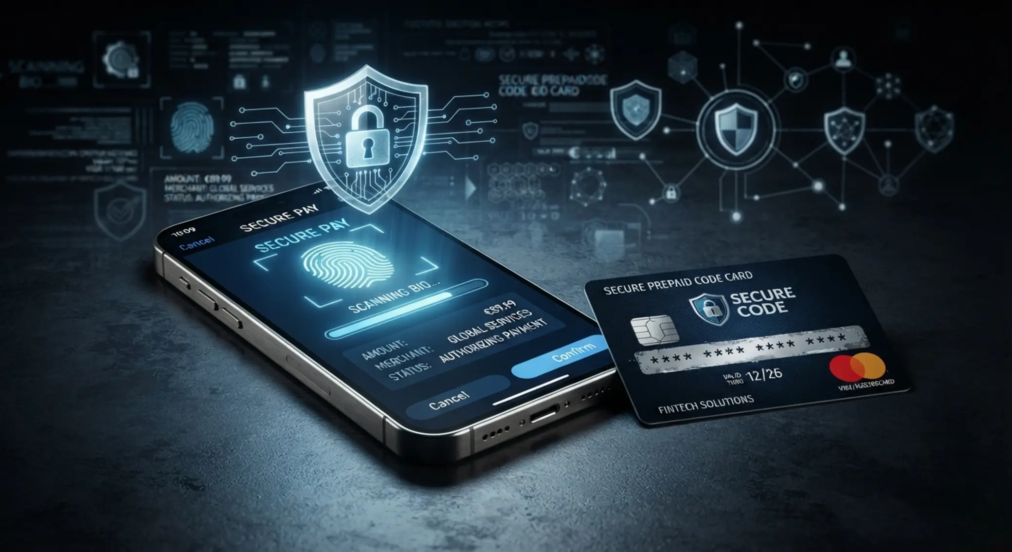 Sécurité des paiements mobiles et prépayés Visuel de sécurité avec smartphone, biométrie et code prépayé