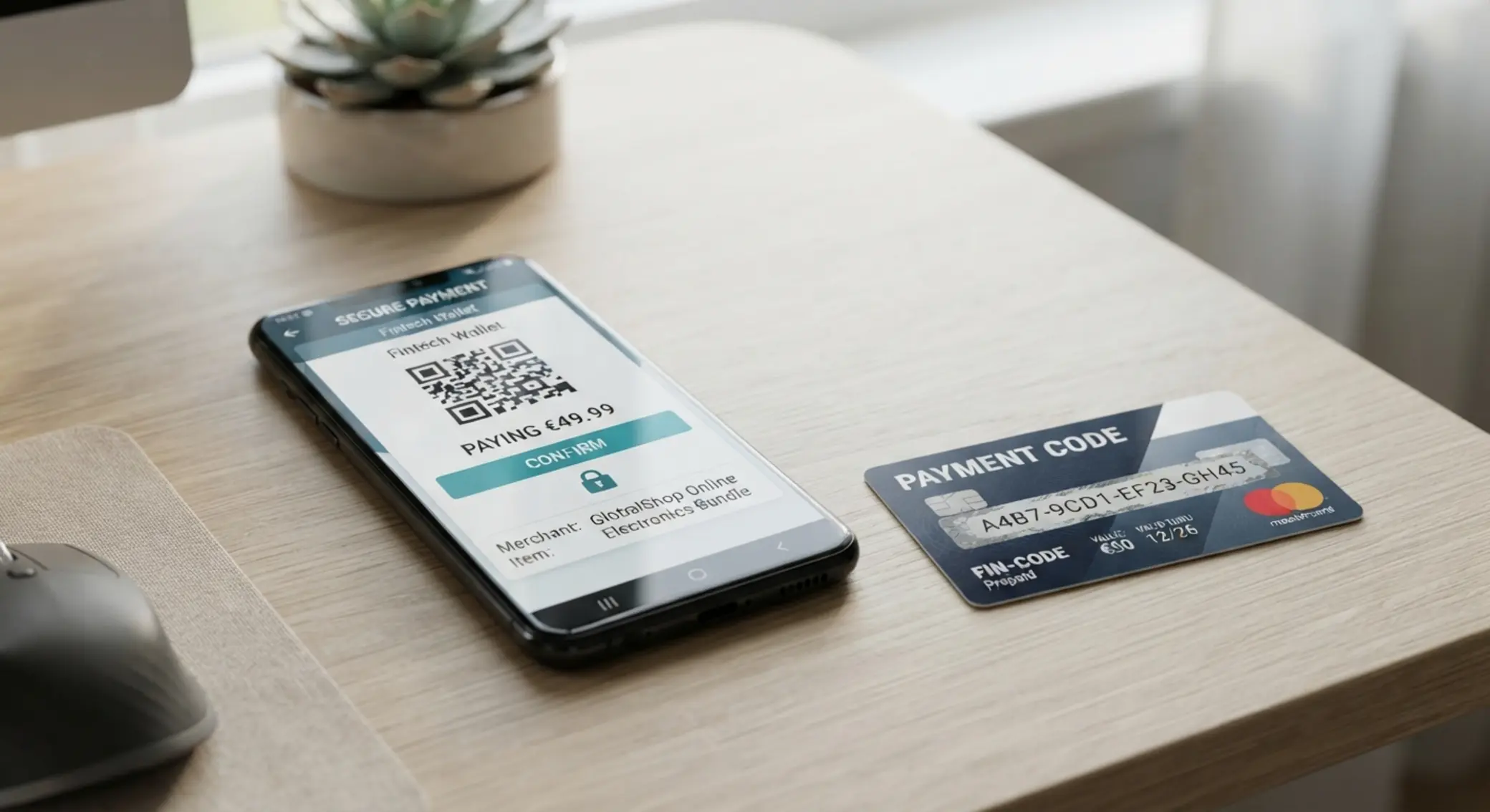Smartphone avec portefeuille mobile à côté d’un code prépayé pour paiement en ligne