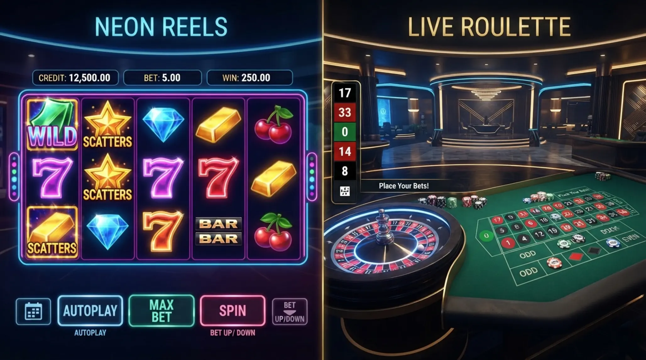 Sélection de jeux entre rouleaux et roulette en direct Visuel partagé entre jeux à rouleaux colorés et table de roulette en direct