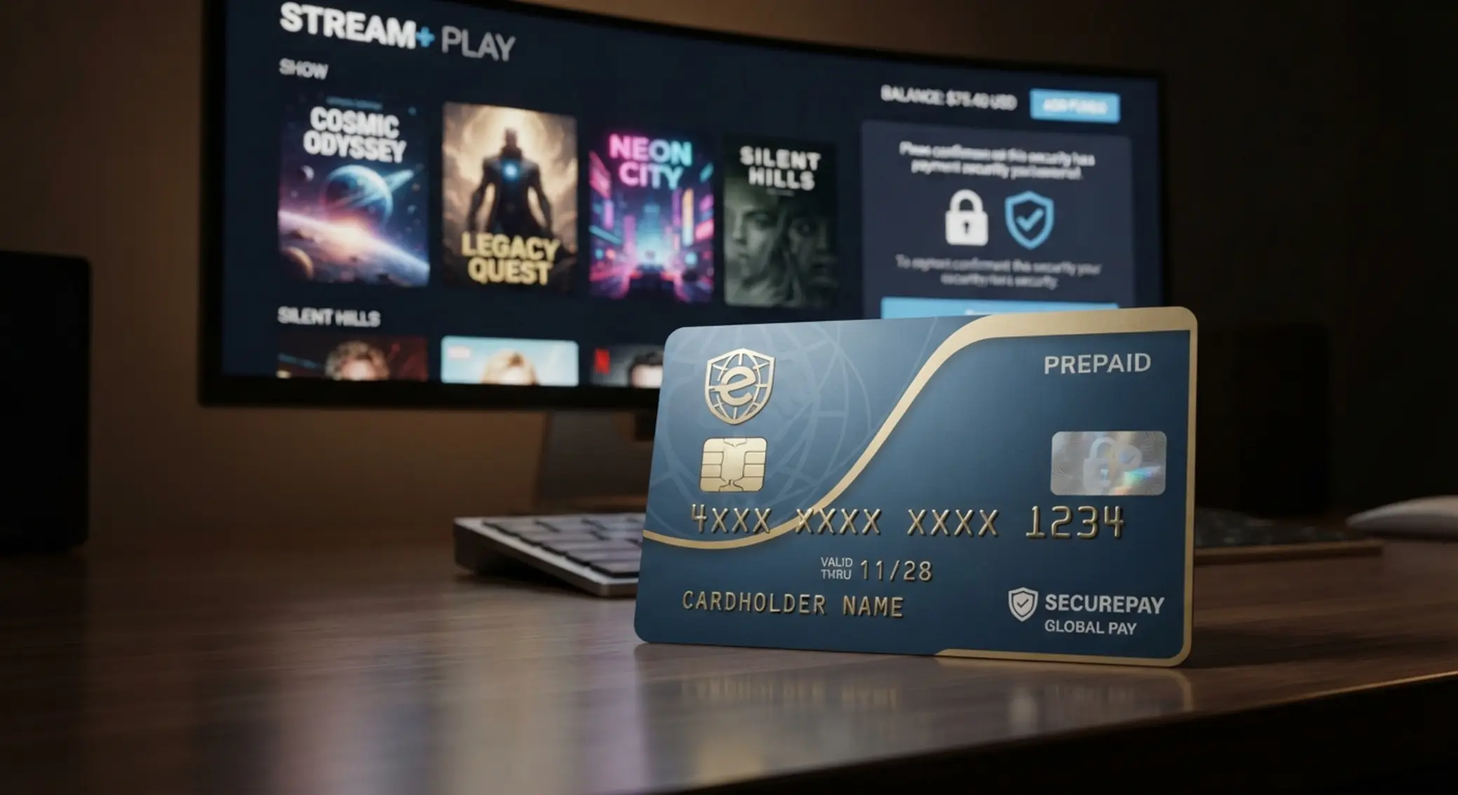 Paiement prépayé sur plateforme de jeux en ligne Carte prépayée stylisée devant une interface de jeux en ligne sécurisée