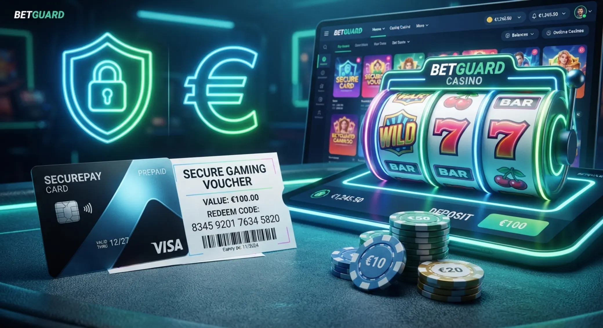 Illustration d’une carte prépayée avec interface de jeux en ligne et accent sécurité