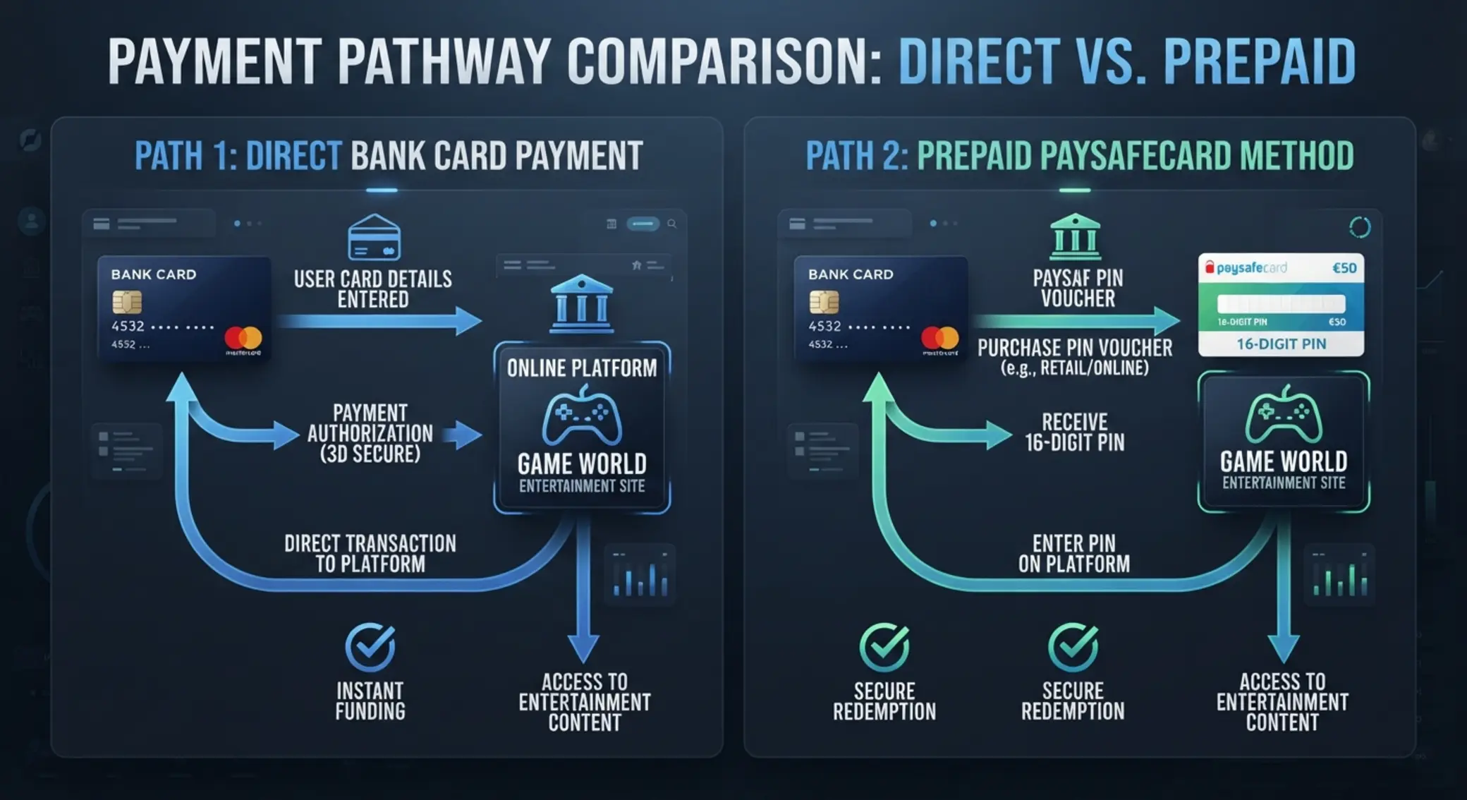 Carte directe ou paysafecard : comparaison Comparatif entre paiement direct par carte et paiement via paysafecard
