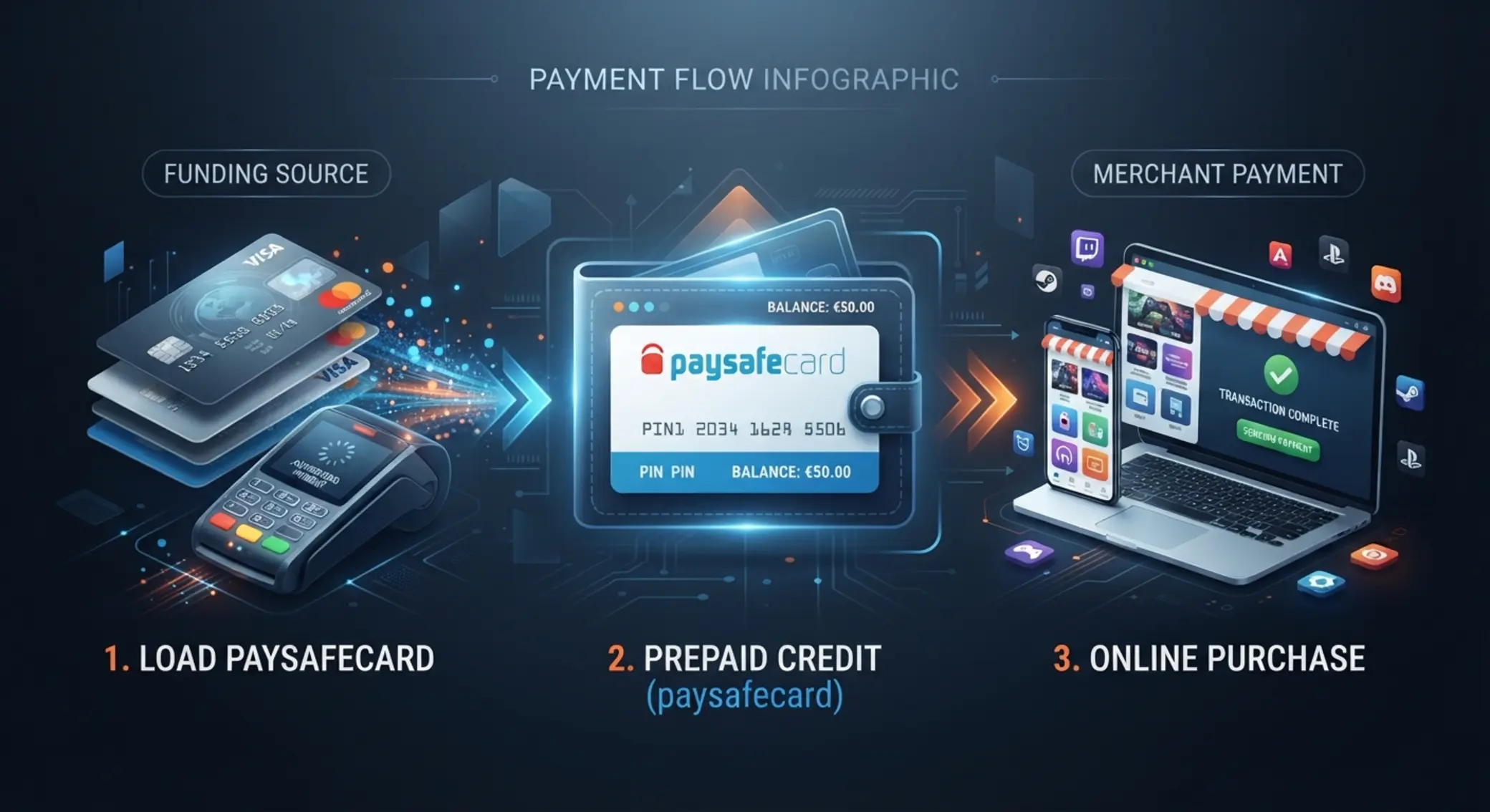 Flux de paiement Visa Mastercard vers paysafecard Schéma du parcours carte bancaire vers paysafecard puis paiement en ligne