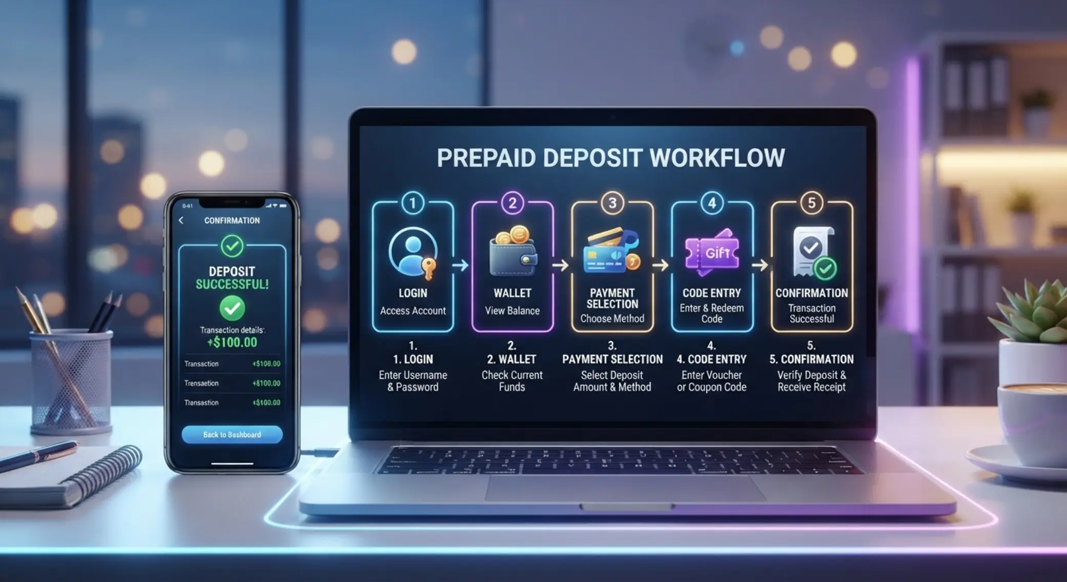Ătapes du dĂ©pĂŽt avec paiement prĂ©payĂ© Ătapes de dĂ©pĂŽt avec code prĂ©payĂ© sur ordinateur et smartphone