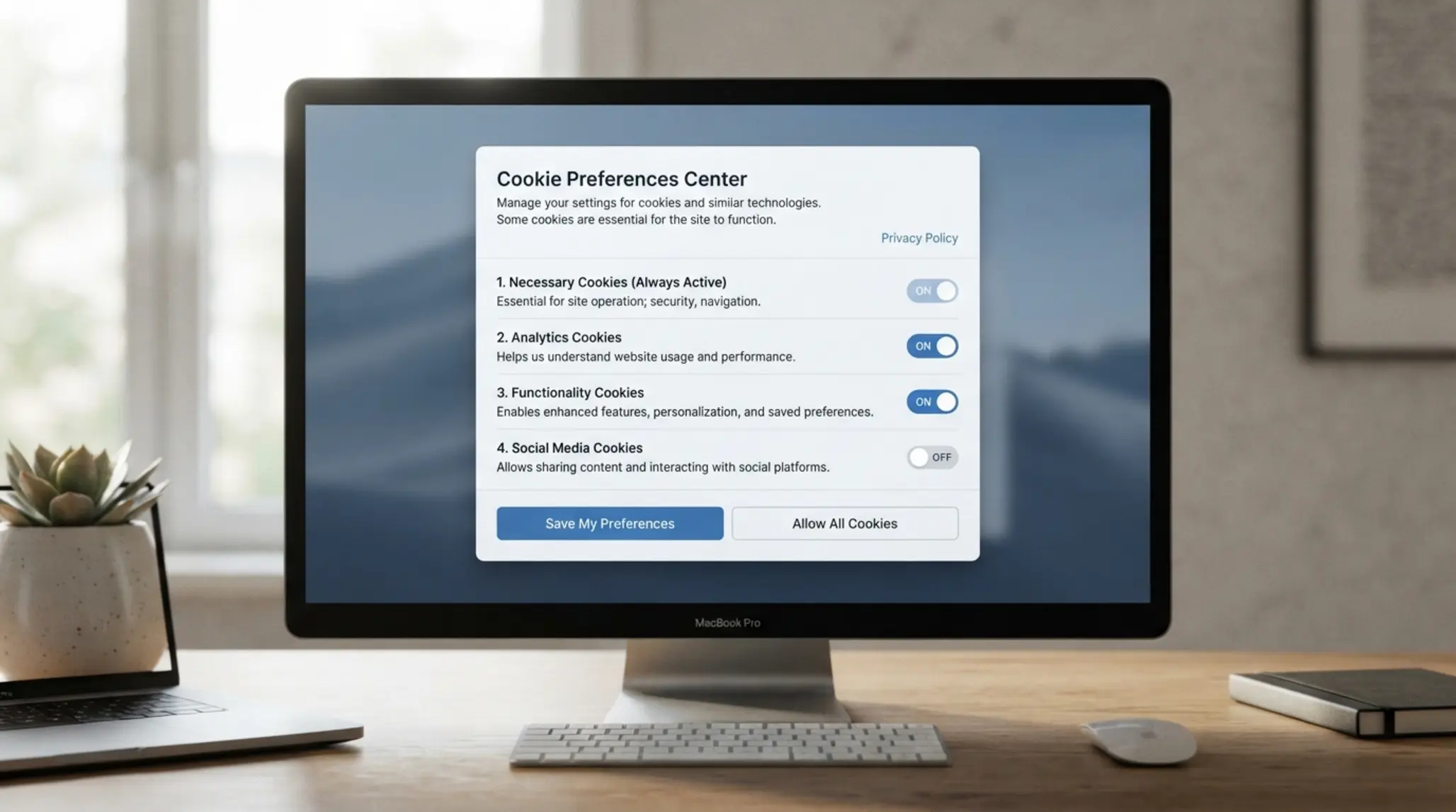 Interface de gestion des préférences de cookies Centre de préférences de cookies avec interrupteurs de catégories