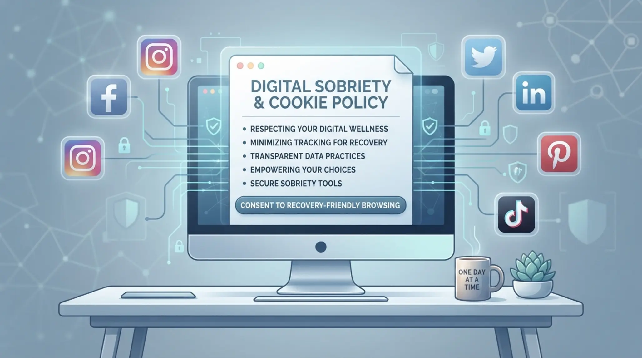 Cookies et réseaux sociaux dans les communications Icônes sociales reliées à un écran affichant une politique de cookies